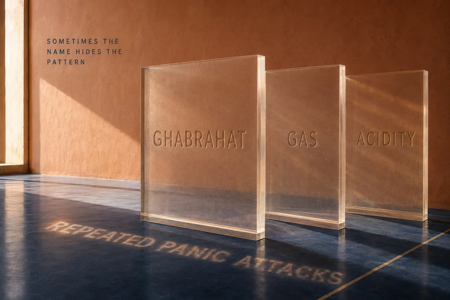 Layered panels showing how ghabrahat, gas and acidity may hide a repeated panic attack pattern in India.