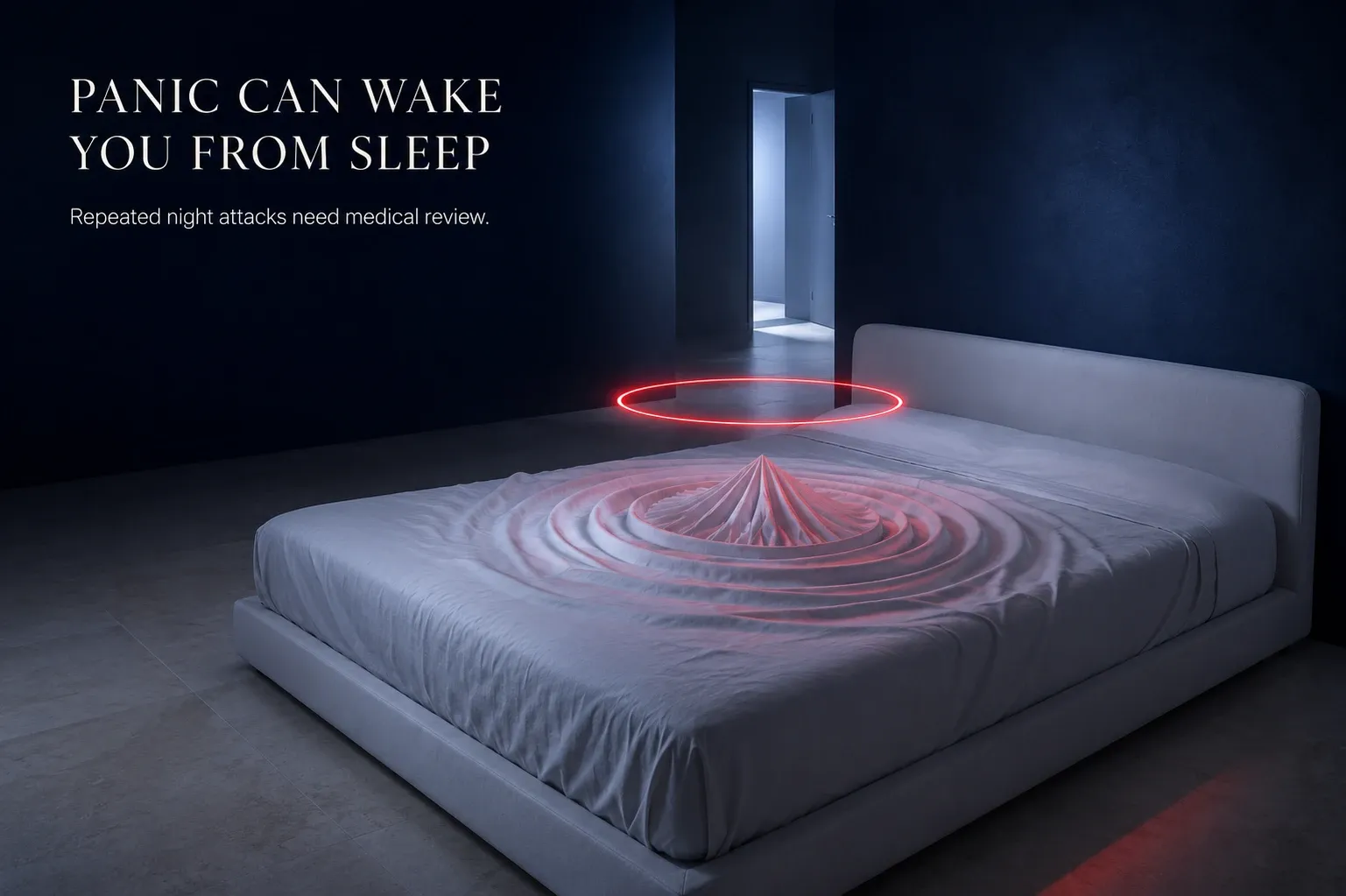 Disturbed bedding and a red pulse illustrate a nocturnal panic attack suddenly interrupting sleep.