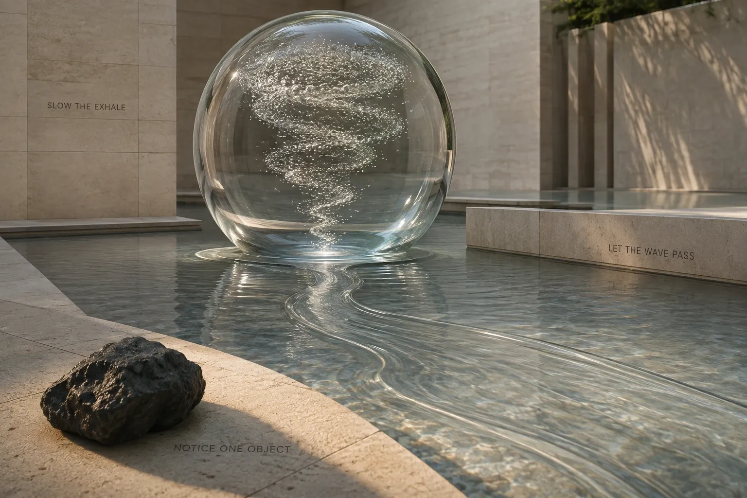 Glass chamber and calming water wave represent slow breathing and grounding during a panic attack.