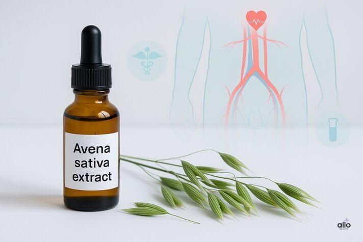 “Amber dropper bottle labeled Avena Sativa Extract with oat straw beside it, medical diagram of male circulation in background — clinical view of avena sativa for erectile dysfunction.