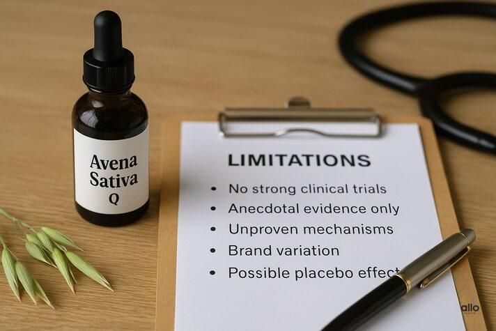 Avena sativa Q bottle on a doctor’s desk beside a clipboard listing limitations such as lack of trials and variable potency — balanced view of avena sativa for erectile dysfunction.