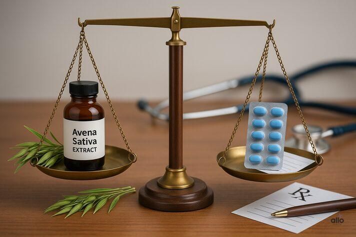 Realistic balance scale comparing avena sativa for erectile dysfunction on one side with herbal bottle and oat straw, and evidence-based ED pills with prescription on the other