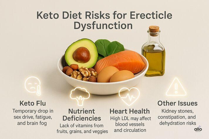 infographic of a keto food bowl with warning icons for keto flu, nutrient deficiencies, heart health, and other health issues, explaining risks of can keto diet help with erectile dysfunction.