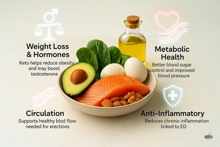 infographic of a keto food bowl with four icons showing benefits — weight loss, metabolic health, blood circulation, and anti-inflammatory effects — highlighting keto diet and erectile dysfunction benefits.