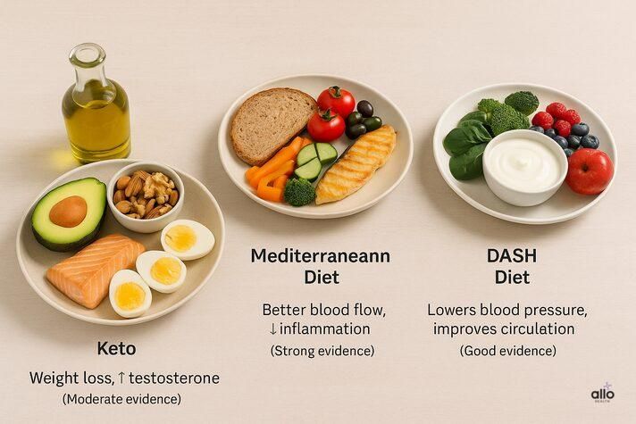 side-by-side comparison of keto, Mediterranean, and DASH diet plates with labels showing their benefits for erectile dysfunction, comparing can keto diet help with erectile dysfunction against other diets.