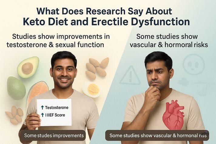 split-scene infographic of an Indian man showing positive outcomes like increased testosterone on one side and risks like vascular concerns on the other, representing mixed research on can keto diet help with erectile dysfunction.