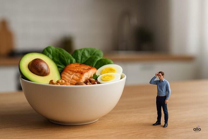 illustration showing a small man looking confused at a giant bowl of keto foods like avocado, salmon, eggs, and nuts, symbolizing the confusion around can keto diet help with erectile dysfunction