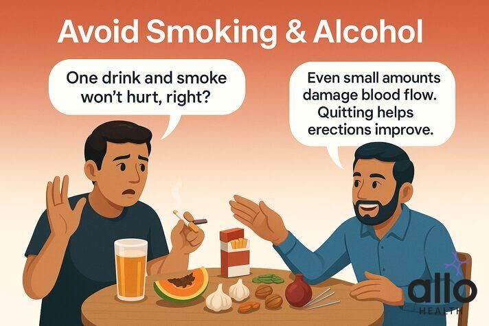 Smoking aur alcohol blood flow ko damage karke ED ko badhate hain.