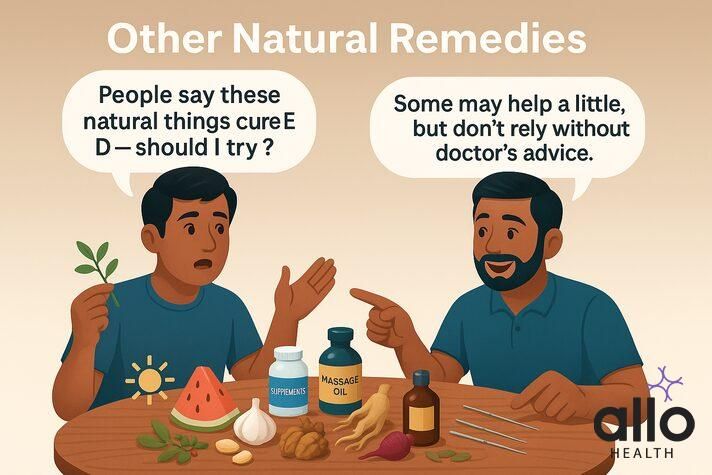Herbs, supplements aur massage oil ED ke liye limited fayda dete hain.
