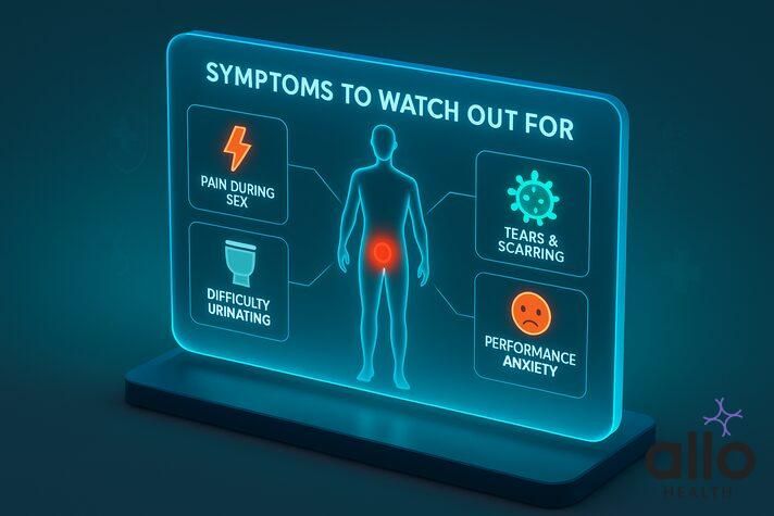Phimosis erectile dysfunction futuristic holographic infographic highlighting symptoms such as pain during sex, difficulty urinating, infections, scarring, and anxiety.