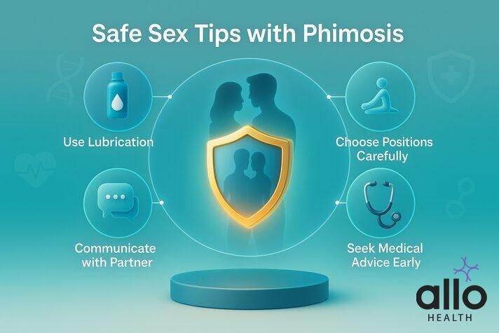 Phimosis erectile dysfunction safe sex infographic with shield and couple silhouette at the center, surrounded by icons for lubrication, positions, communication, and medical advice.