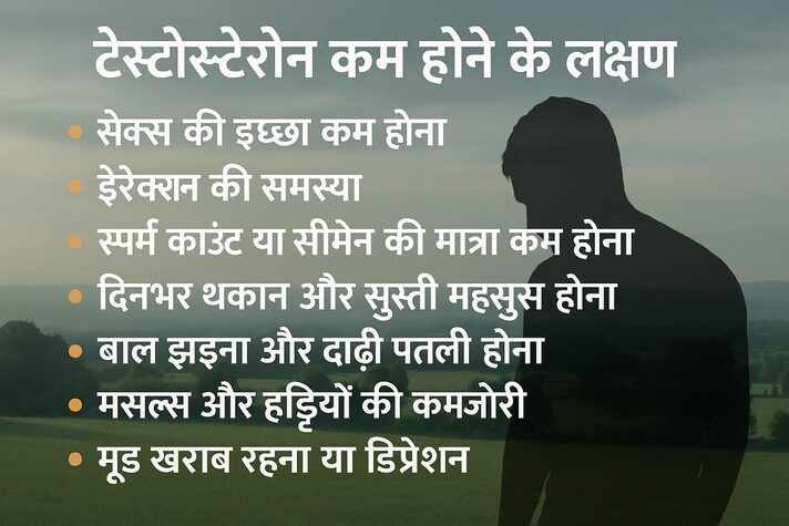 टेस्टोस्टेरोन कम होने के कारण दिखाता हुआ हिंदी इन्फोग्राफिक – बीच में उदास भारतीय पुरुष का चित्र और चारों ओर कारण लिखे हुए जैसे उम्र बढ़ना, तनाव और डिप्रेशन, गलत खानपान, एक्सरसाइज न करना, नींद की कमी, मोटापा, हेल्थ प्रॉब्लम्स और स्मोकिंग व शराब
