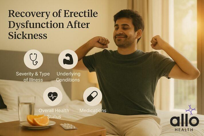 South Asian man stretching in bed with sunlight, water glass, orange slices, and medicine on table, showing recovery factors like illness severity, health status, conditions, and medications — can being sick cause erectile dysfunction.