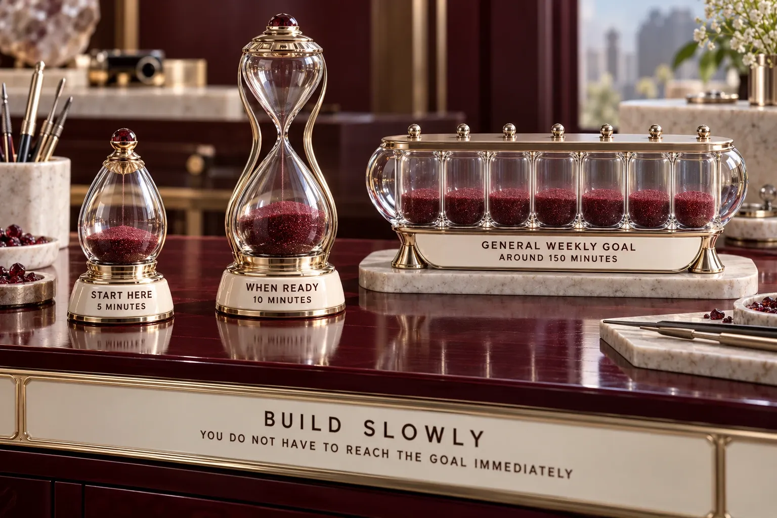 Hourglasses showing a gradual weekly exercise goal of about 150 minutes