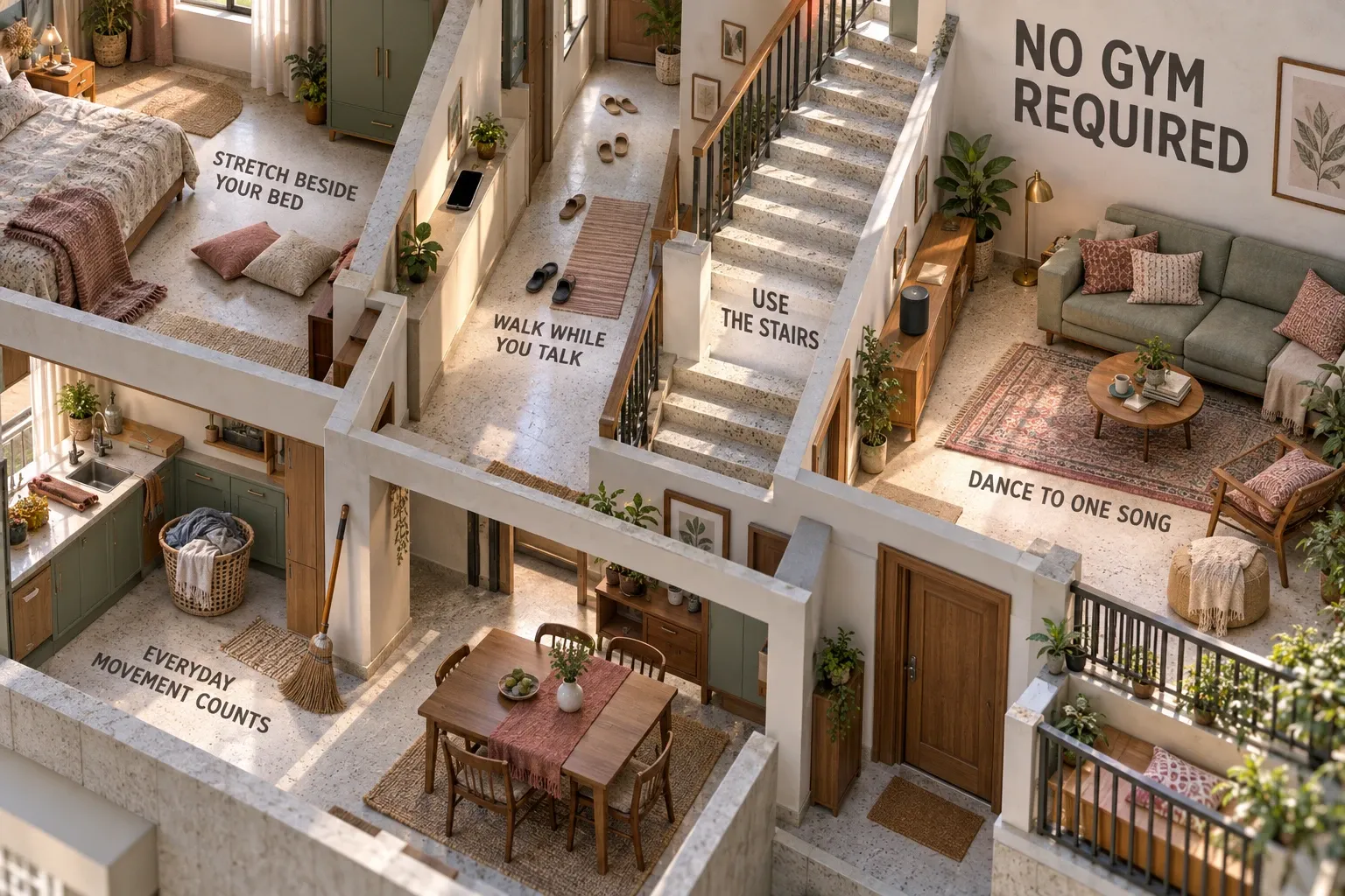 Home floor plan showing simple ways to stay active indoors, no gym required