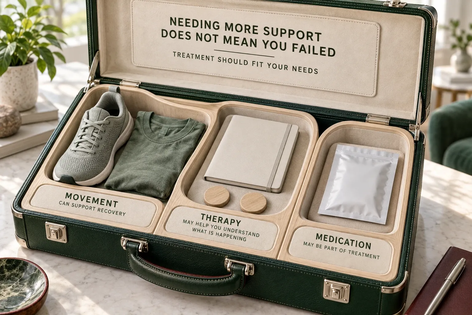 Open suitcase showing movement, therapy and medication as different parts of mental health treatment