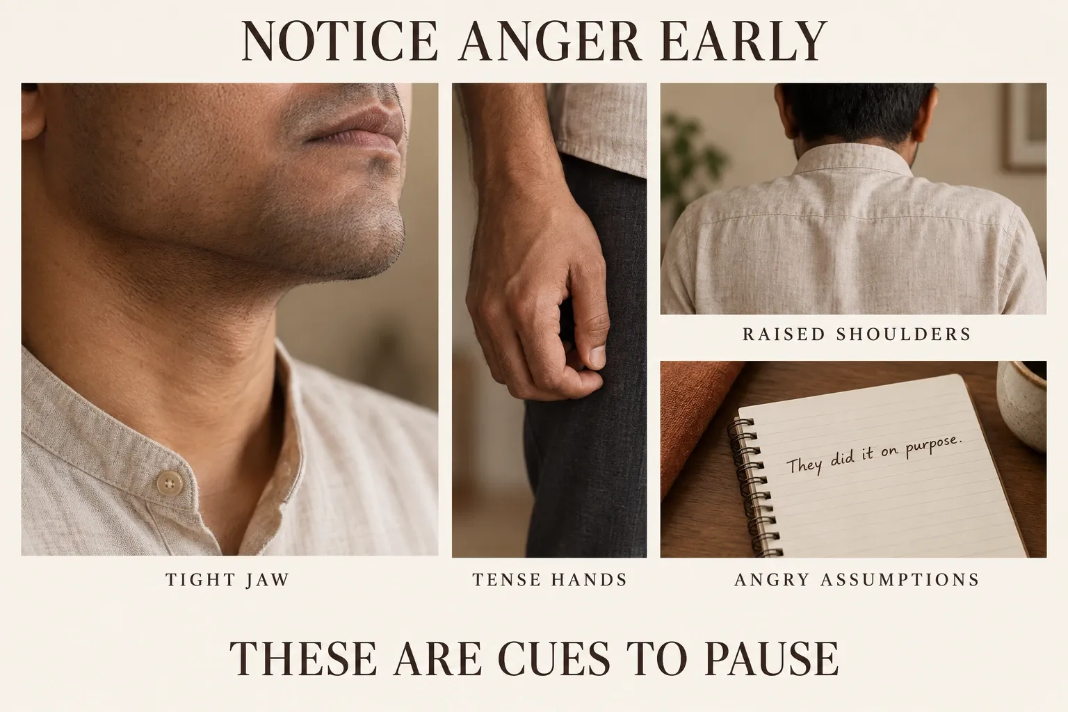 Early anger signs: tight jaw, tense hands, raised shoulders and angry assumptions.