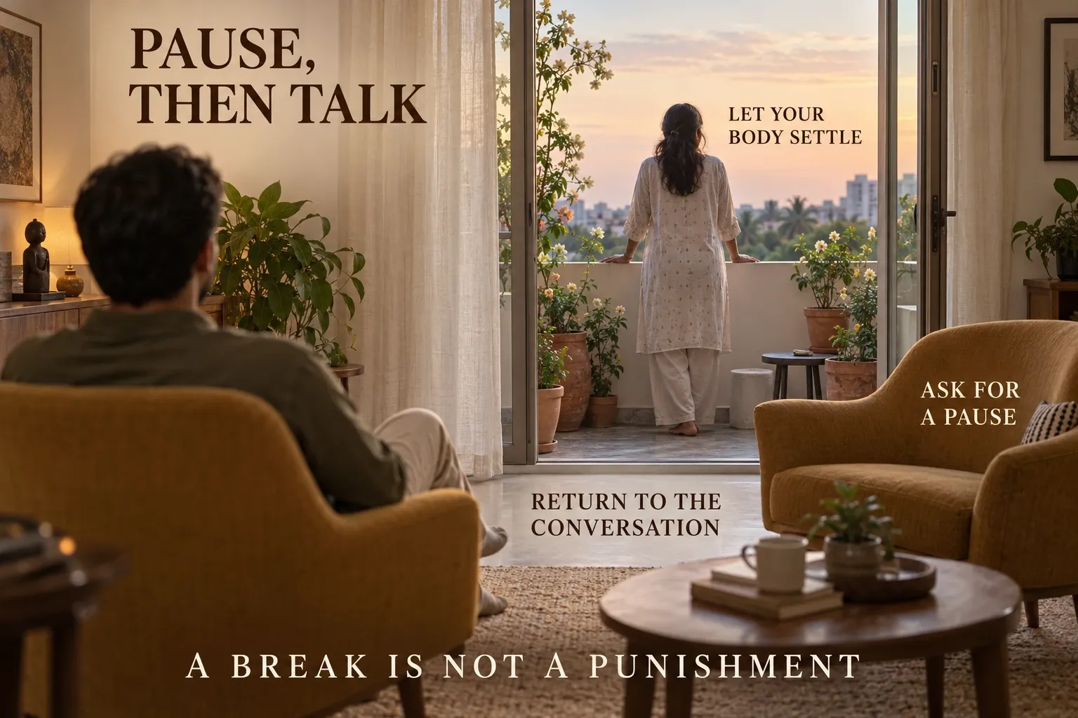Person taking a short break before returning to a difficult conversation.