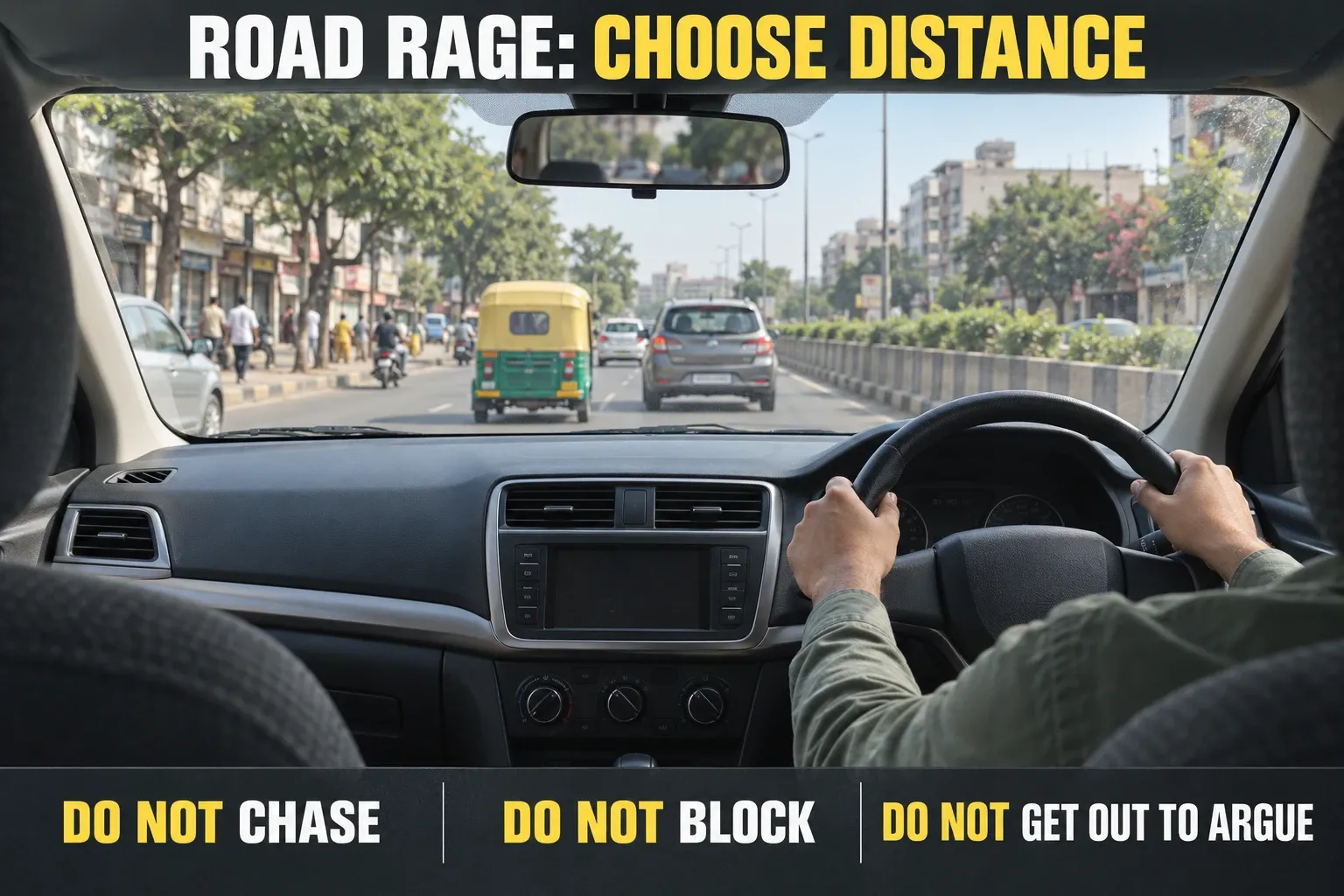 Driver keeping distance in Indian traffic to avoid escalating road rage.
