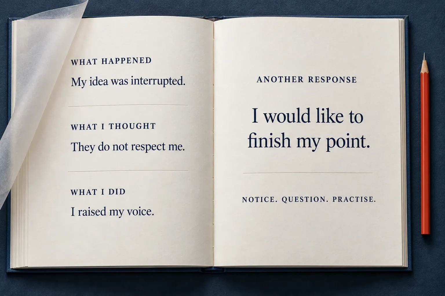 Anger management workbook showing a trigger, angry interpretation and calmer response.