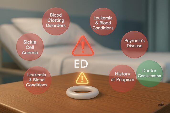 Infographic showing constriction rings for erectile dysfunction on a medical table, surrounded by red warning bubbles listing conditions like blood clotting disorders, sickle cell anemia, Peyronie’s disease, and use of blood thinners, with a green bubble advising doctor consultation.
