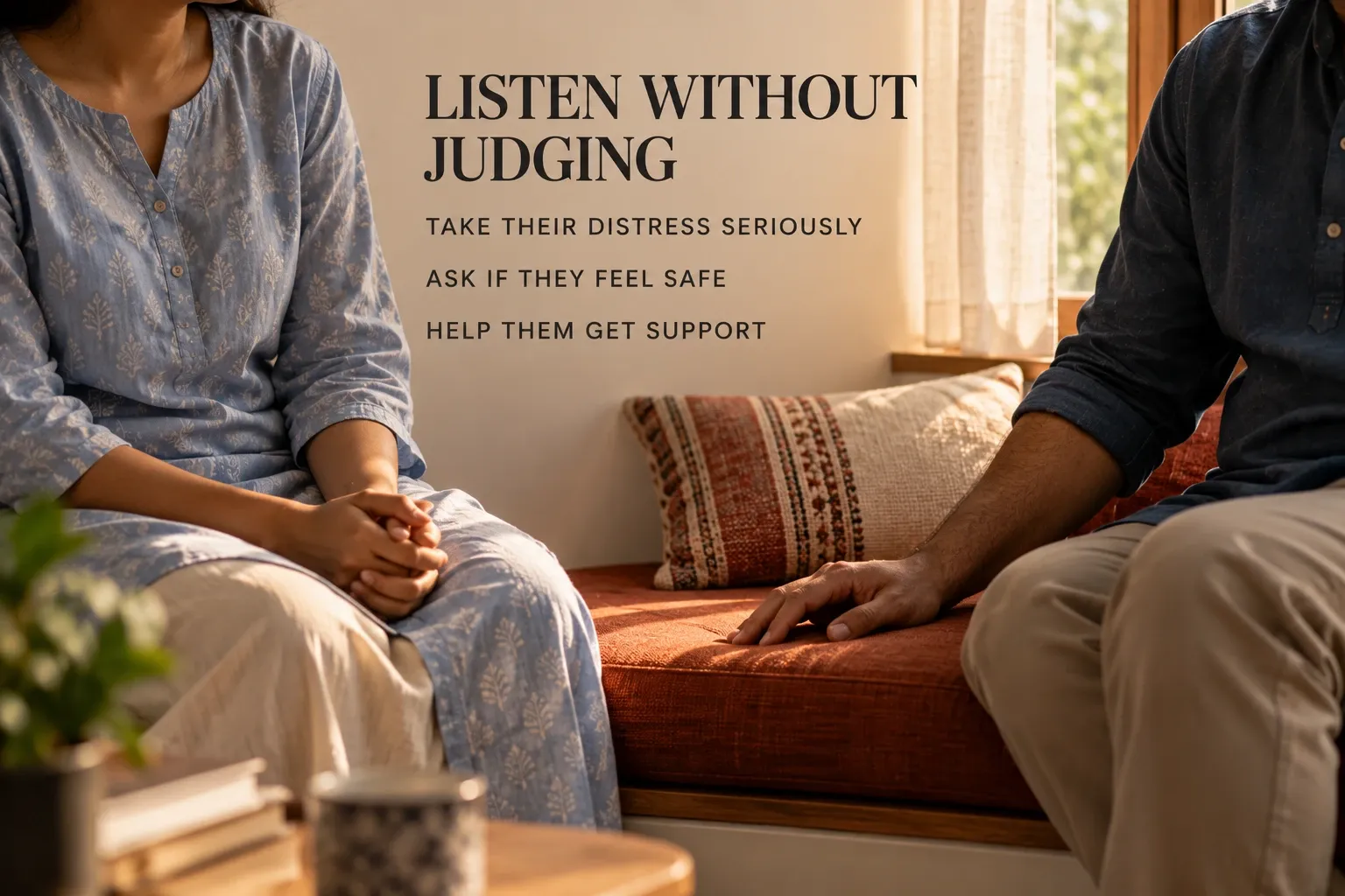 phrases encouraging listening, checking safety and helping someone get support.