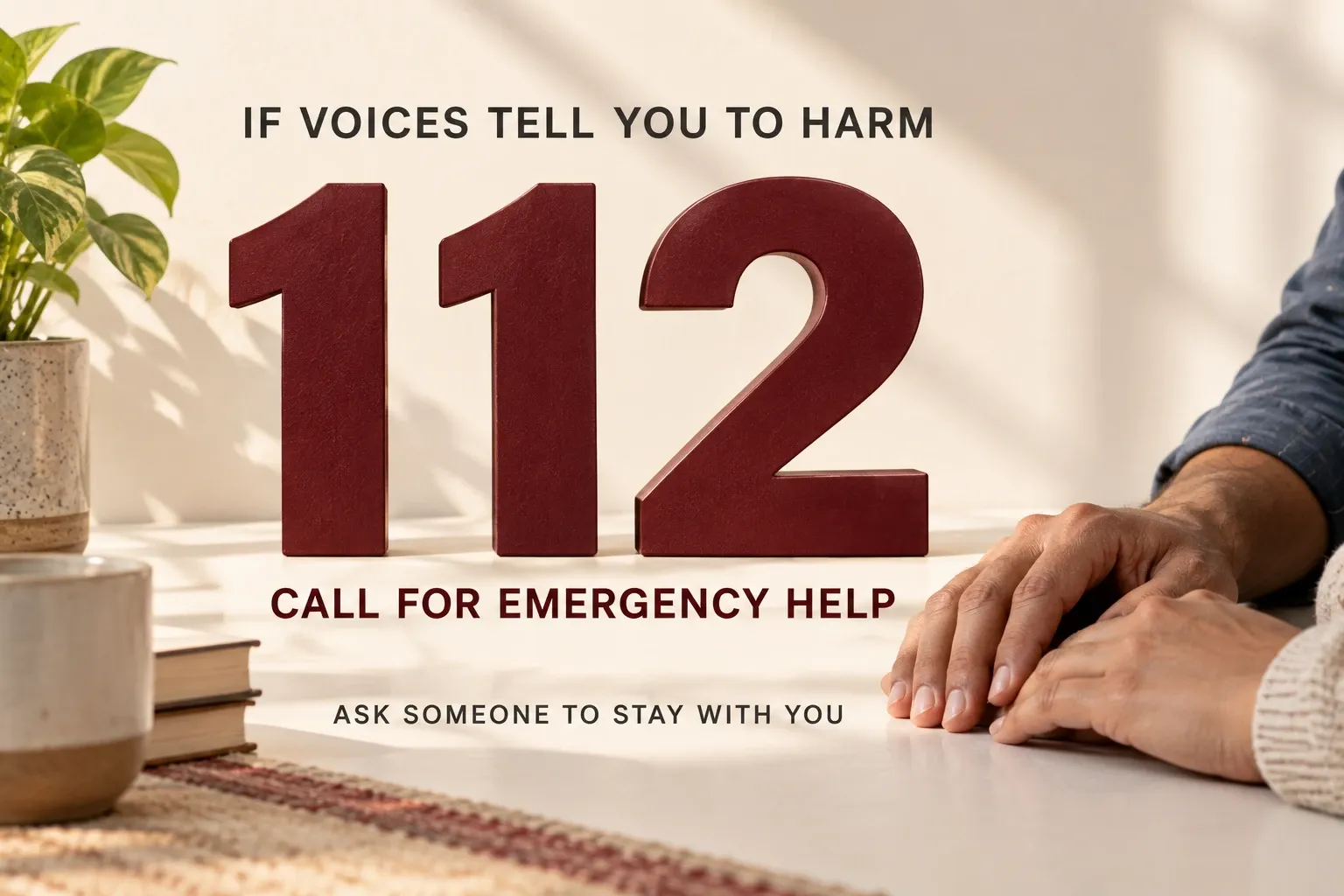 Emergency number 112 with a reminder to seek help and have someone stay nearby