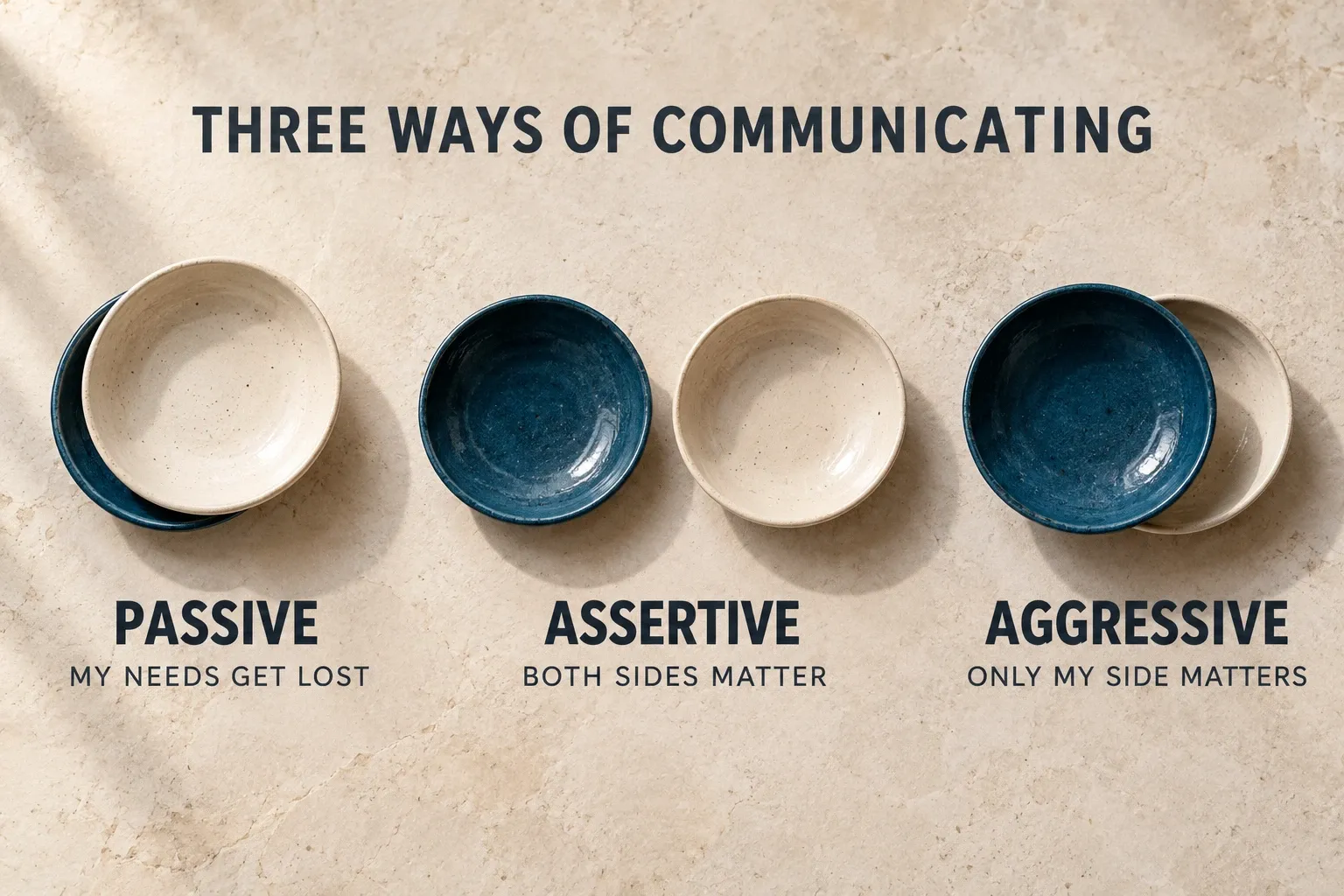 Ceramic bowls comparing passive, assertive and aggressive communication through shared space.