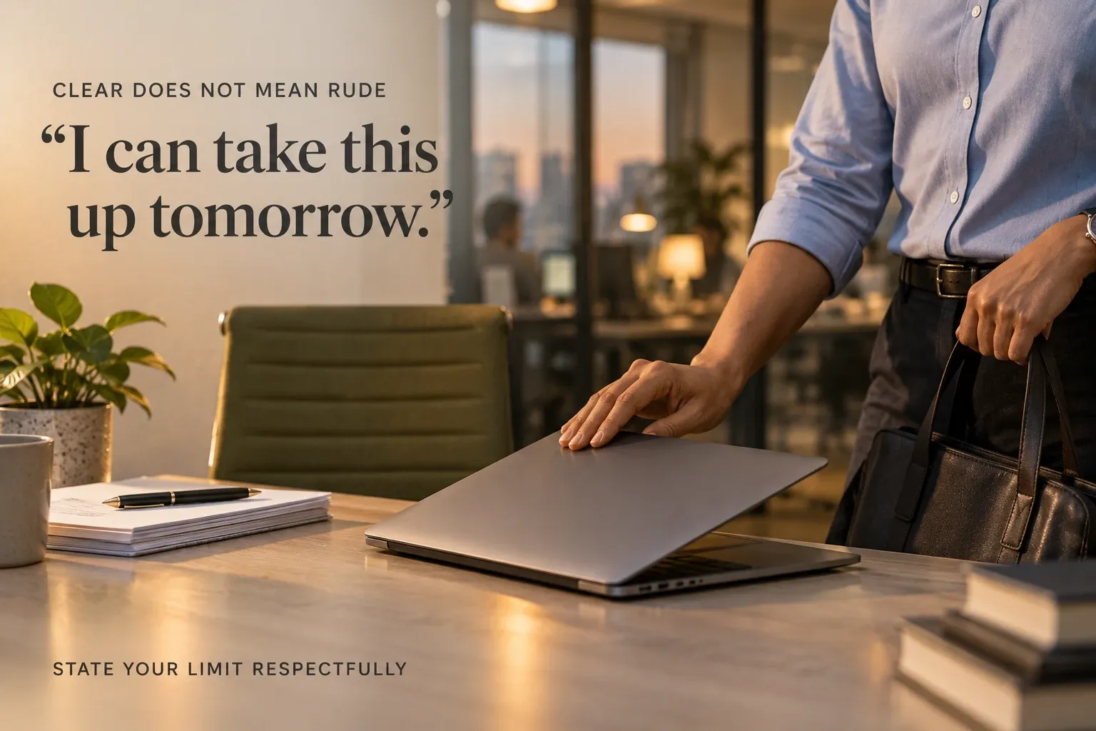 Professional closing a laptop and stating a respectful limit on working hours.