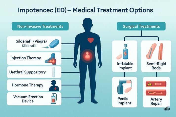 &#x22;ED medical treatment options – Non-invasive (Sildenafil, injection, suppository, hormone therapy, vacuum pump) aur surgical (penile implant, artery repair).&#x22;