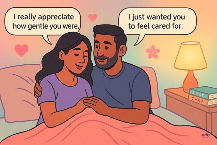 Couple intimacy ke baad pyaar aur care dikhate hue.