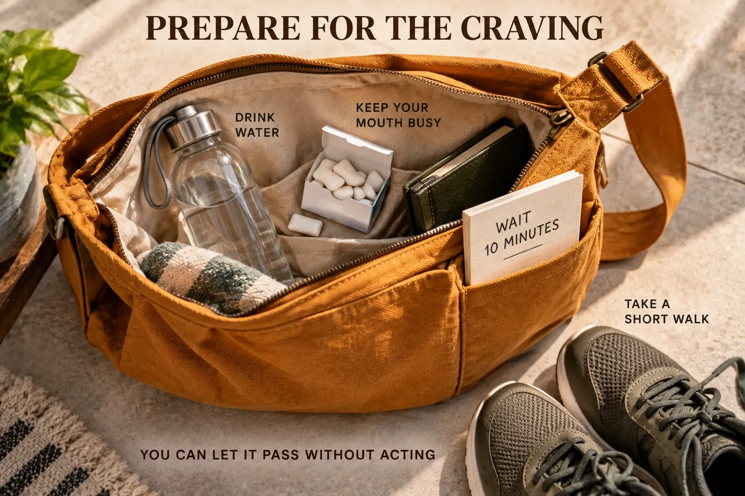 Water, sugar-free gum, walking shoes and a reminder to wait before acting on a tobacco craving.