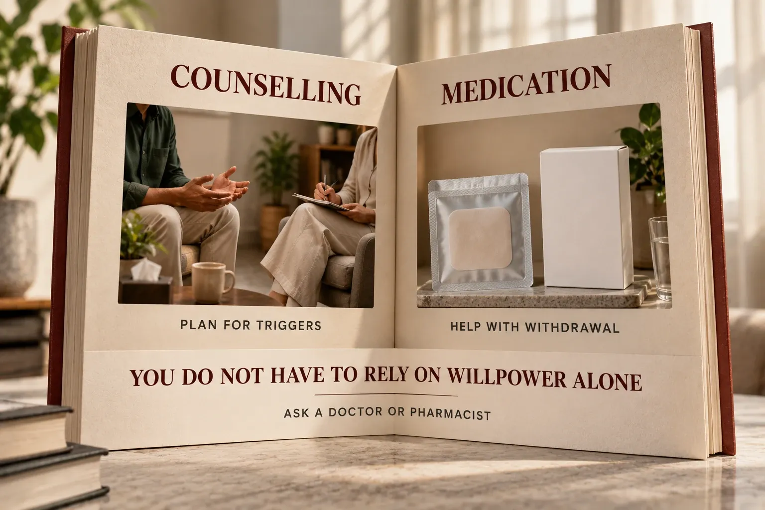 Open-book installation showing counselling and medication as support for quitting tobacco.
