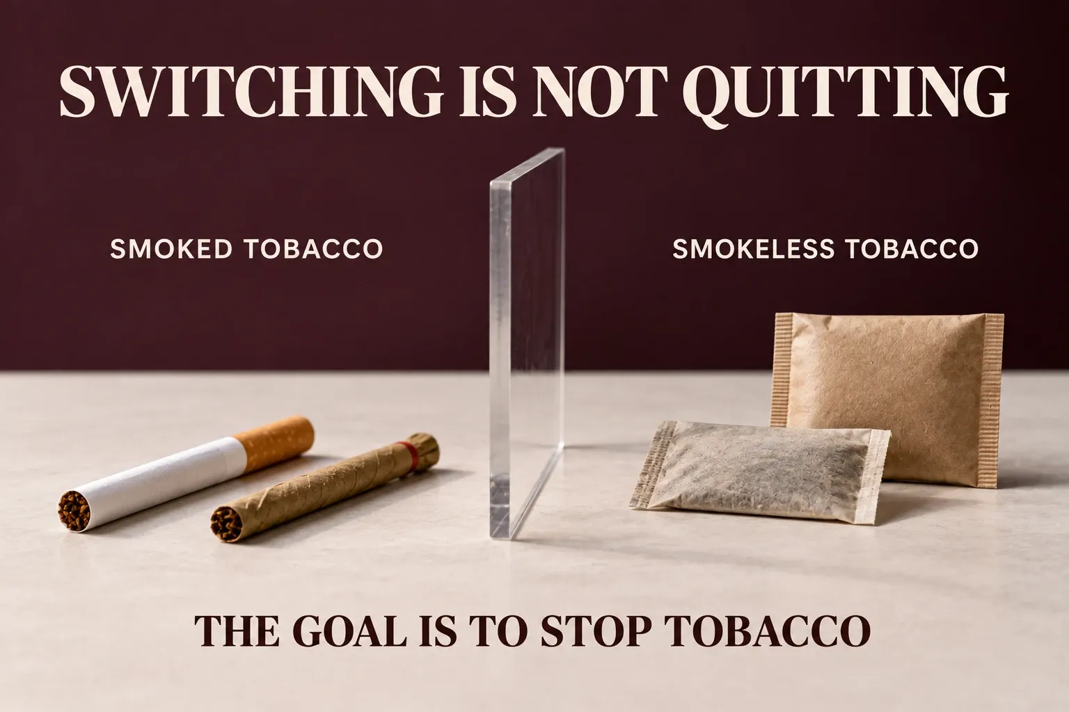Cigarette, bidi and plain tobacco sachets illustrating that switching products is not quitting.
