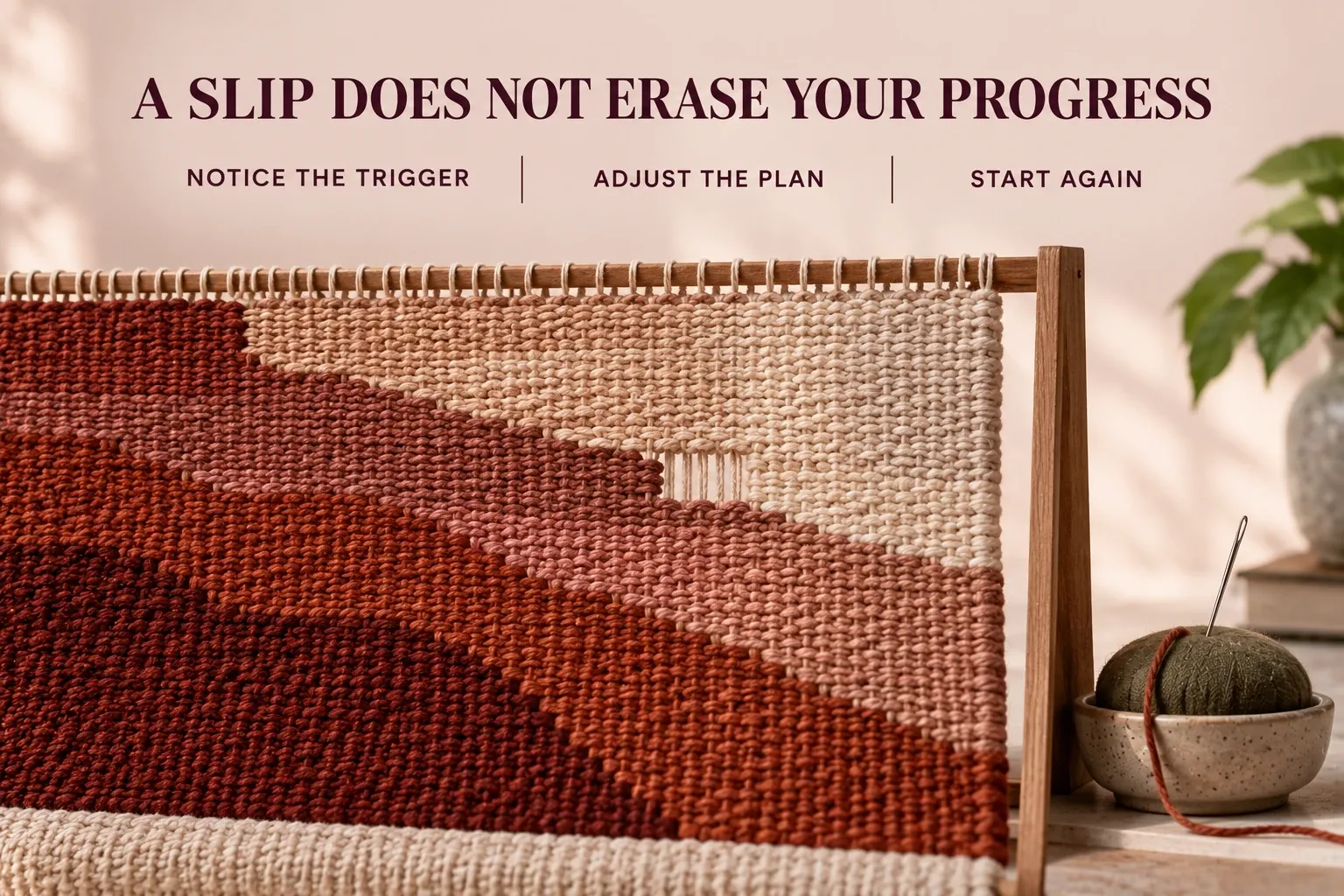 Woven fabric continuing beyond a missed section, representing progress after a tobacco slip.