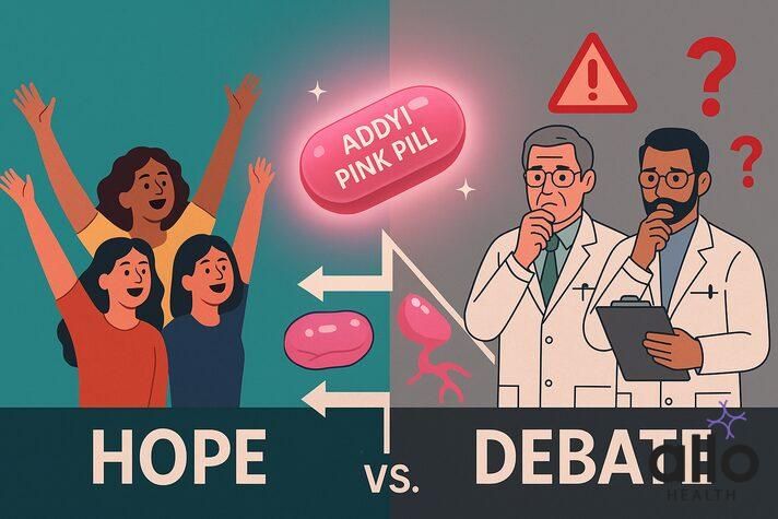 Split infographic of pink sex pill for women labeled Addyi, women celebrating on one side and doctors debating on the other.