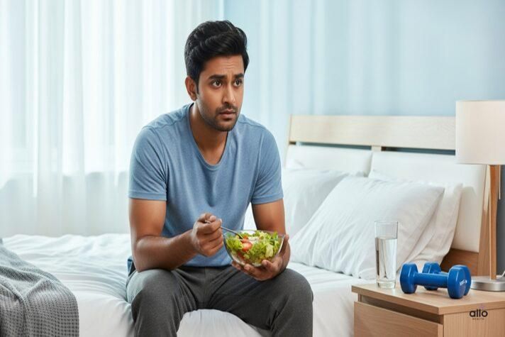An Indian man sitting thoughtfully on a bed holding a bowl of salad, symbolizing how dieting and calorie deficit can affect sexual health — illustrating the question can a calorie deficit cause erectile dysfunction.
