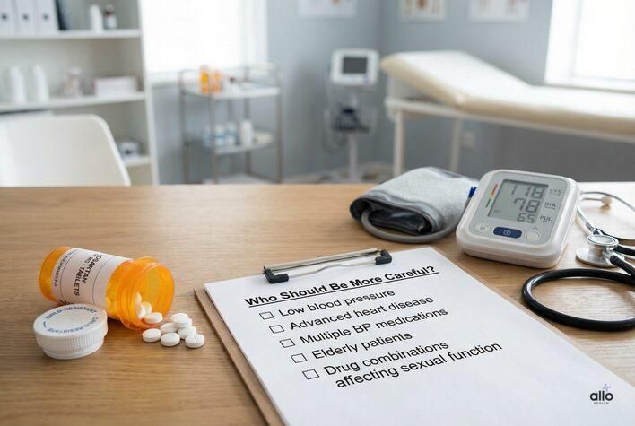 A medical desk setup showing a checklist of risk groups who should be cautious with losartan, used to explain losartan sexual side effects and related health considerations.