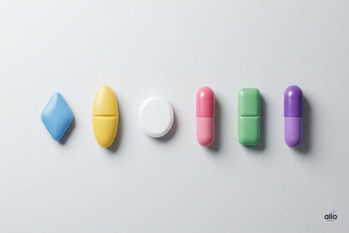 Different types of medicine for erectile dysfunction pills arranged side by side, showing variations in shape, color, and formulation.