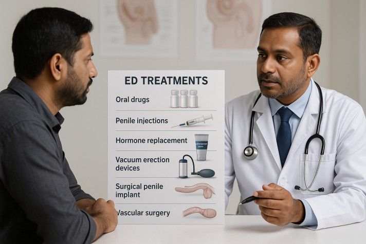 An Indian doctor explaining various erectile dysfunction (ED) treatments to a male patient