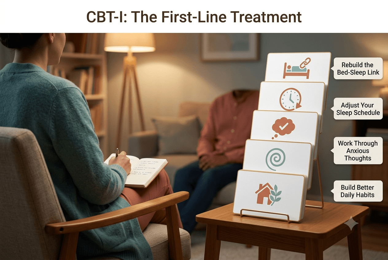 Therapy room setup showing CBT-I index cards for sleep schedule, anxious thoughts, and daily habits, titled CBT-I: The First-Line Treatment.