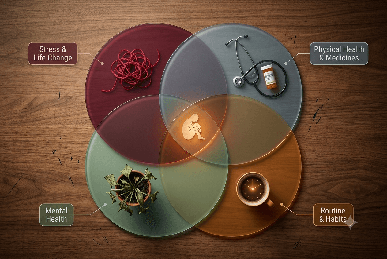 Overhead Venn diagram of four glass discs showing causes of insomnia: stress, mental health, physical health, and routine