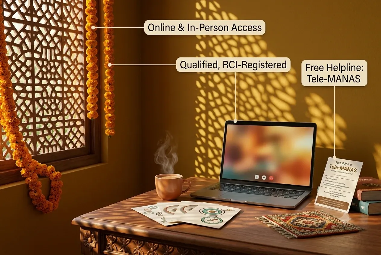 Cozy home desk with a laptop video call, chai, and Tele-MANAS card, illuminated by dappled sunlight through a jaali window with marigolds.