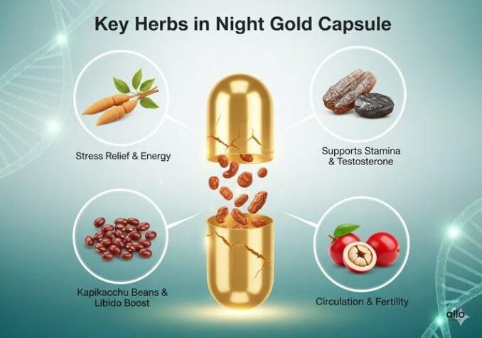 Night Gold Capsule ke herbs – Ashwagandha, Shilajit, Kapikacchu, Gokshura