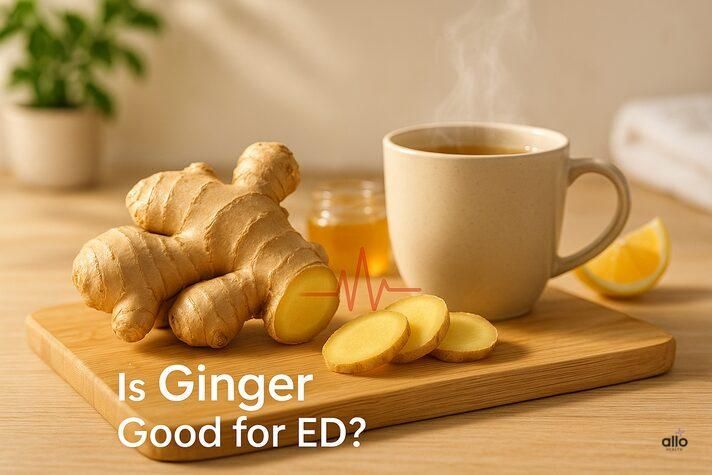 “Fresh ginger roots and slices on a clean surface with soft light and overlay text ‘Is Ginger Good for ED?’, representing the link between ginger and erectile dysfunction.