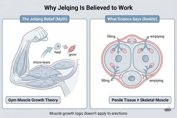 “Medical illustration explaining why jelqing is believed to work, comparing gym muscle growth theory with penile tissue anatomy and why jelqing does not work medically.”
