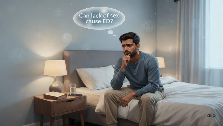 A semi-realistic illustration of a man sitting on his bed with a thought bubble asking “Can lack of sex cause ED?”, representing curiosity and concern about erectile dysfunction and sexual inactivity.