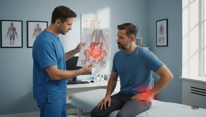Medical professional showing pelvic anatomy to a male patient with hip pain, discussing how hip and pelvic issues can cause erectile dysfunction.