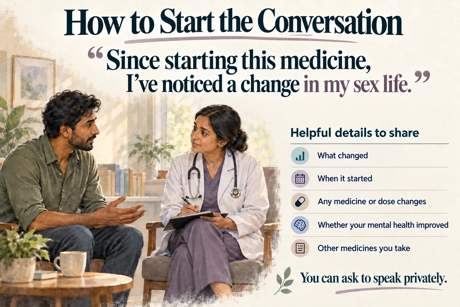 Adult speaking with a doctor, alongside suggested wording and details to share about sexual changes after starting psychiatric medicine.