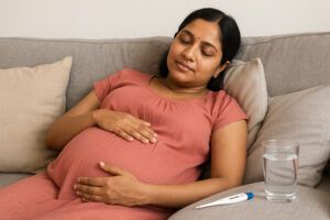Pregnant Indian woman resting on a couch with a glass of water and thermometer nearby.